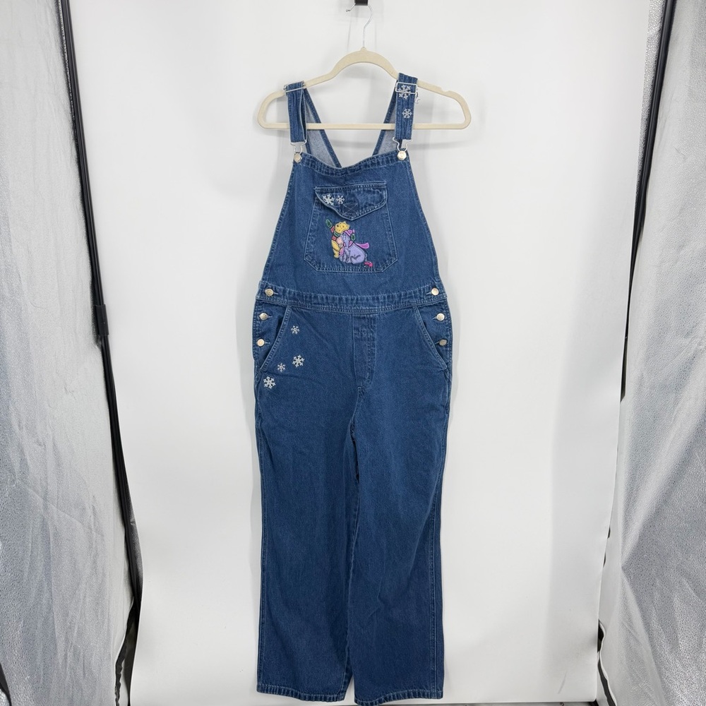 VTG Disney Store Pooh Eeyore Embroidered Womens L Bib Overalls snowflake winter